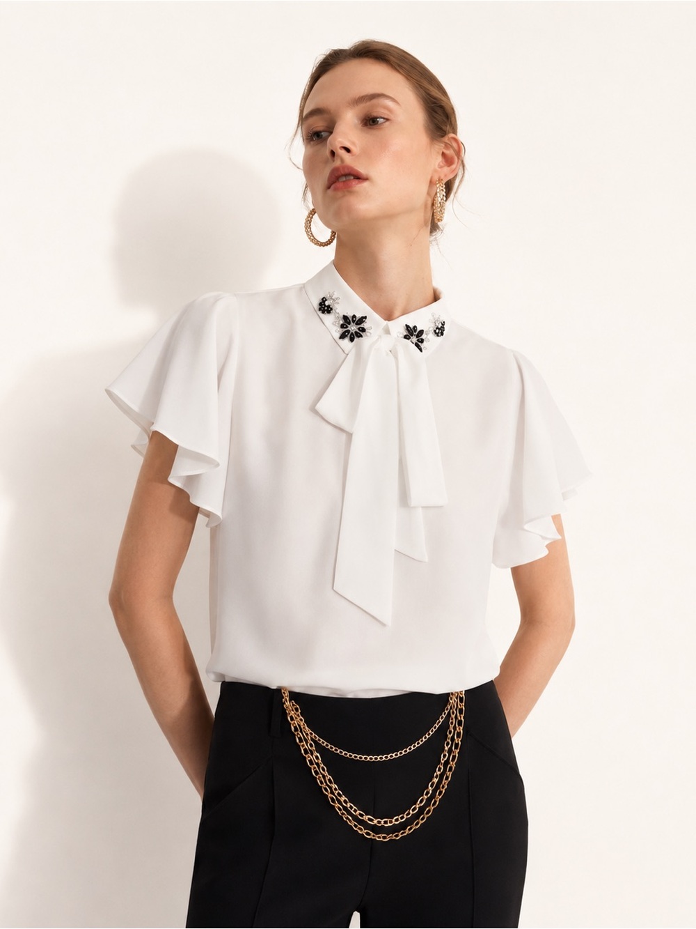 SHEIN White Tie-Neck Flutter Sleeve Blouse with Black Embellished Collar